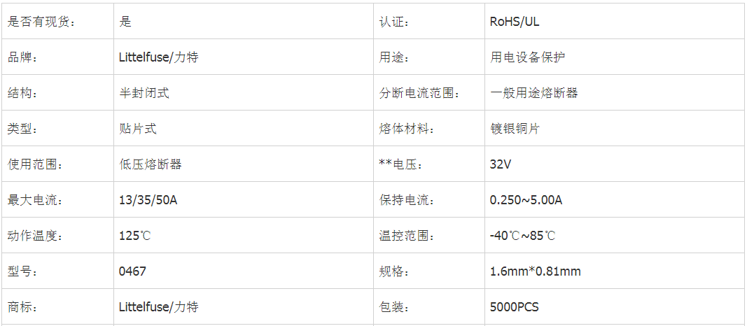 JDTFUSE 0467貼片保險(xiǎn)絲參數(shù)表